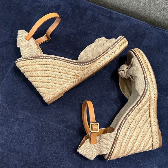 Tory Burch Macy Espadrille Wedge Sandals Linen Beige Women’s 7.5B Made in Spain - Picture 2 of 14
